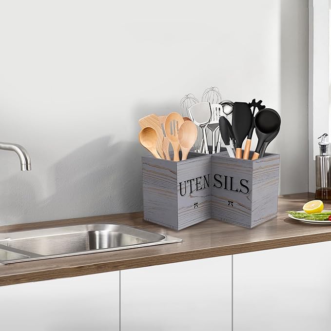 Suli Extra Large Kitchen Utensils Holder with 3 Compartments,Corner Shelf,Wooden Utensil Organizer for Kitchen Countertop, Farmhouse Decor, Rustic Cooking Utensil - Grey grain