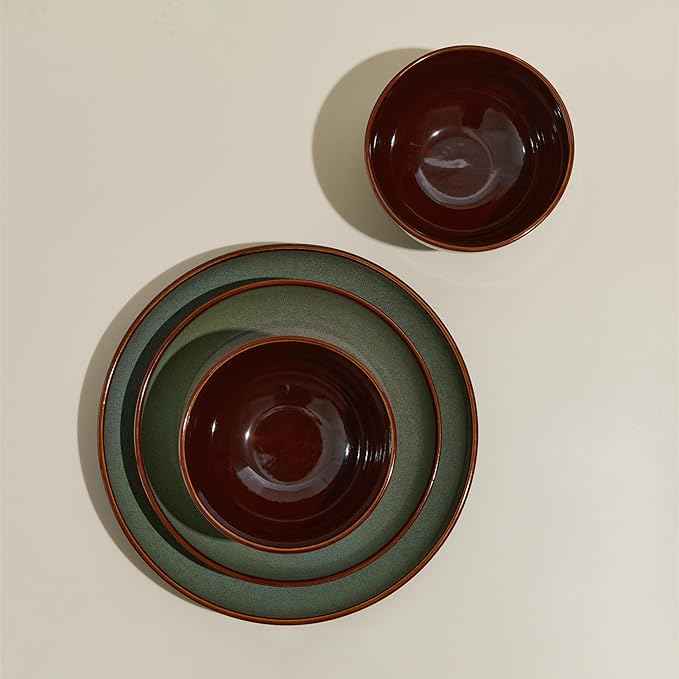 32 Piece Double Bowl Dinnerware Sets with Pasta Bowls, Highly Chip and Crack Resistant Plates and Bowls Sets, Natural Earthyware Ceramic Dishware Sets, Service for 8 Sage Green