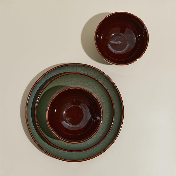 Pokini 24 Piece Double Bowl Dinnerware Sets with Pasta Bowls, Highly Chip and Crack Resistant Plates and Bowls Sets, Natural Earthyware Ceramic Dishware Sets, Service for 6 Sage Green