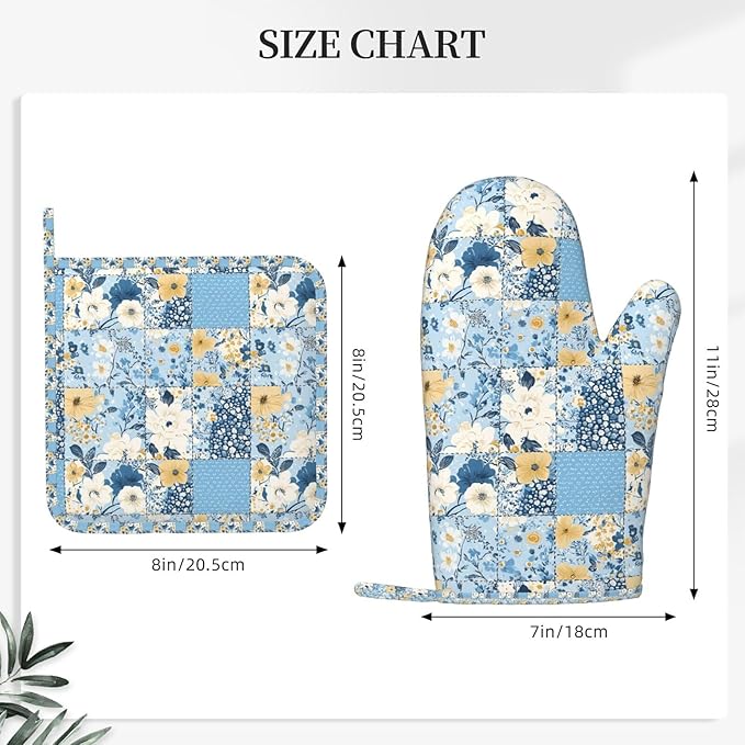 Oven Mitts and Pot Holders Floral Blue Pastel Vintage Silicone Kitchen Accessories Set of 4 Heat Resistant Long Gloves Potholder Non-Slip Grip for Chef Cooking Baking Grilling BBQ