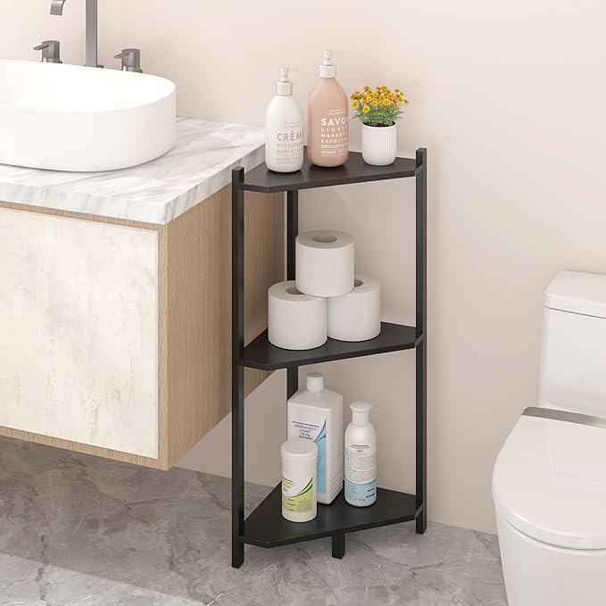 Wisuce Corner Shelf, 100% Real Bamboo Shower Corner Shelves Free Standing Shelf Storage Organizer for Bathroom Living Room Kitchen (Black, 3 Tier)