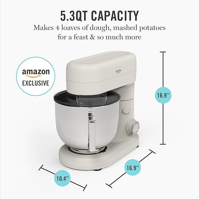 Martha Stewart  Tilt-Head Stand Mixer, 12 Speed, 5.3QT Stainless Steel Bowl, Splash Guard with Pour Chute, Whisk, Dough Hook, Flat Beater, Electric Kitchen Baking Mixer, Bread, Cake, Whip, Linen White