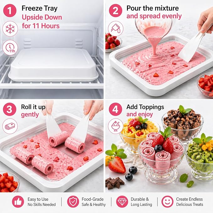 Ice Cream Roller Maker, At Home Rolled Ice Cream Maker Machine, Dairy Free & Frozen Yogurt Maker, Electric Free Countertop Ice Cream Machine with Spade for Rolls, Sorbet & Frozen Yogurt (White)