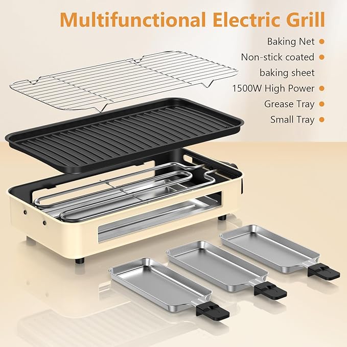 Electric Indoor Grill 1500W -2 in 1 Smokeless Indoor Grill for Kitchen with Non-stick Removable Grill & Griddle Plate,Temperature Control Korean BBQ Grill with 3 Cheese Pans Dishwasher Safe