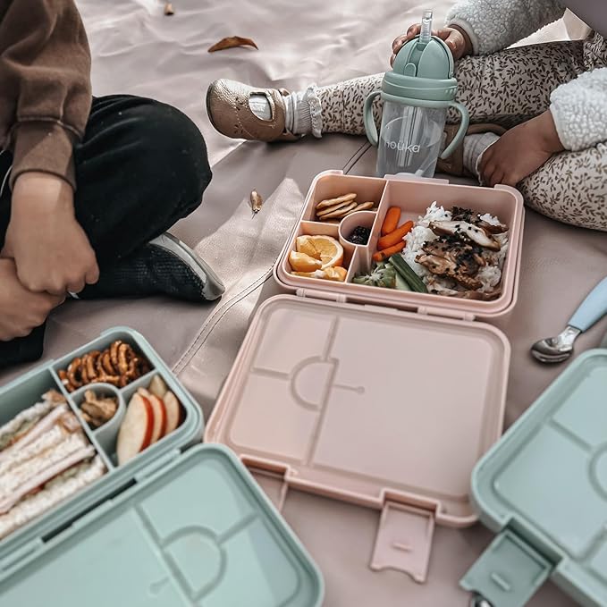 nouka Grand Bento Box | Easy to open latches | Spill Proof Design | 6-Compartment Removable Tray | Moss