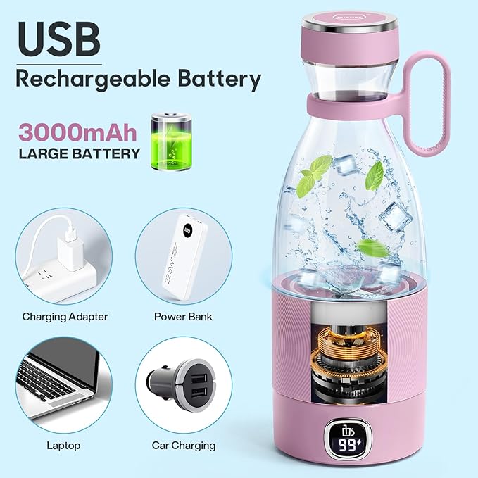 MIAOKE Portable Blender, 6 Blades Juicer Cup for Juice Shakes and Smoothies 350ml Mini Blender with Led Display Usb Rechargeable,3000Mah Rechargeable Battery, for Home Outdoors Travel-Lceberry Pink