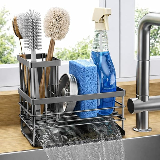 Cisily Sink Caddy Sponge Holder for Kitchen with Brush Holder and Stainless Steel Self Drain Tray, Rustproof Kitchen Sink Organizer for Sponge, Soap Dispenser Storage Accessories (Gray)