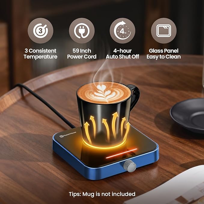 Maestri House Mug Warmer, Electric Coffee Cup Warmer for Desk with 3-Temp Settings,Auto Shut Off, Constant Temperature Heating for Beverage, Milk, Tea and Hot Chocolate at Home & Office (Blue)