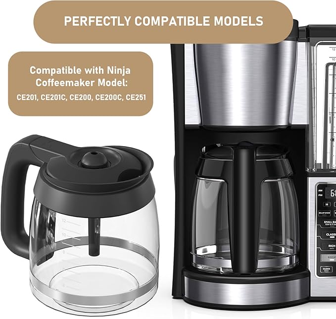 CE200 12-Cup Glass Coffee Pot Replacement Compatible with Ninja Coffee Brewer Maker Models CE251 CE201 CE201C CE200 CE200C Model# XGLSLID200