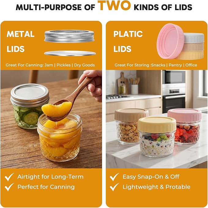 CycleMore 4oz Mason Jars, 40 Pack Small Glass Jar With Silver Separable Lids & Colorful Plastic Lids, Mini Canning Jars for Honey, Jam, Jelly, Wedding Favors, Kitchen Food Storage