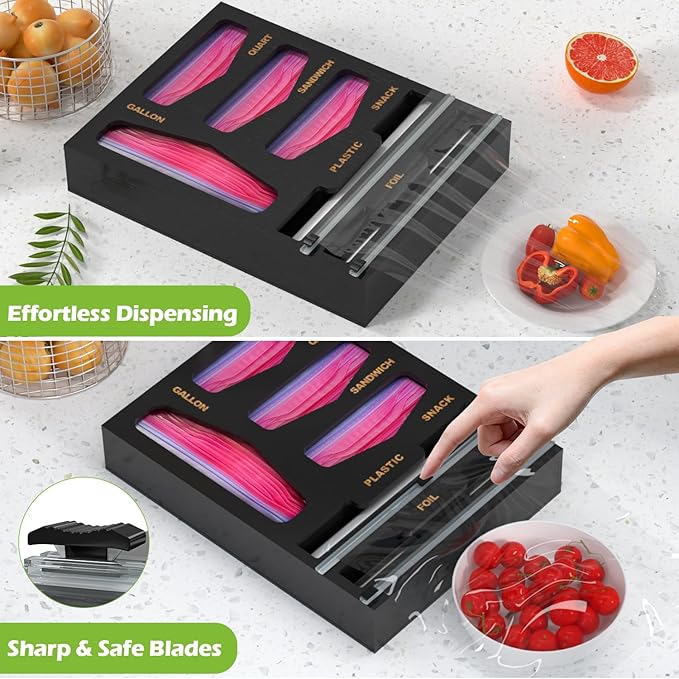 6 in 1 Bag Organizer and Wrap Dispenser with Magnetic Lid - Plastic Wrap Dispenser with Cutter for Kitchen Drawer, Storage for Gallon, Quart, Sandwich, Snack Bags, and Foil Black