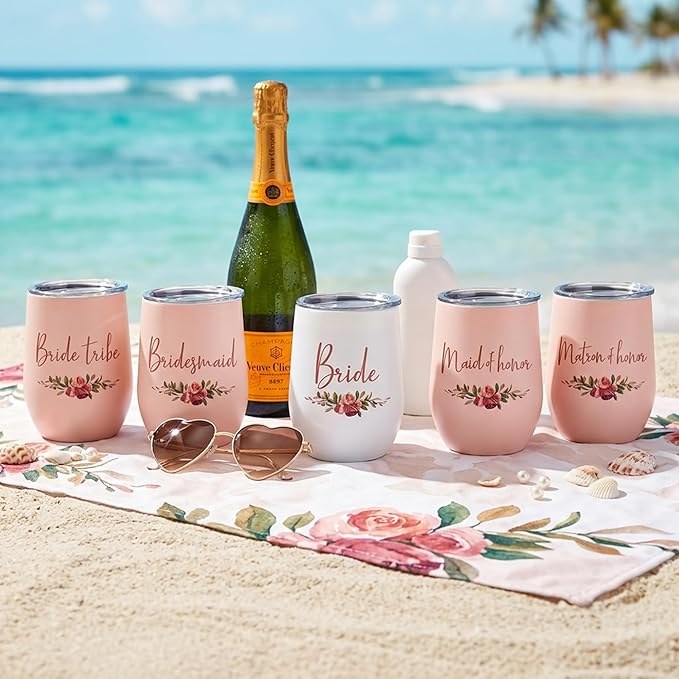 CARAKNOTS Bride Tribe Gifts Bride Tribe Cups Wedding Wine Tumbler for Bridal Shower Bachelorette Party Favor Accessories Pink Bridesmaid Cups Stainless Steel Wine Tumbler with Lid and Straw 12 oz