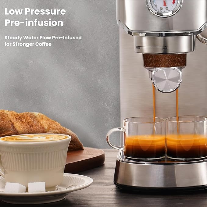 Gevi Espresso Machine 20 Bar, Professional Espresso Maker Latte Machine with Milk Frother, Stainless Steel Expresso Coffee Machines for Home, Compact Cappuccino Machine, Great Gift Choice, Silver