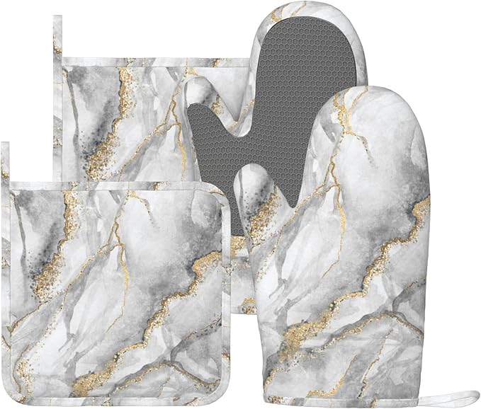 Marble Gold Gray Fashion Oven Mitts and Pot Holders Sets of 4, Heat Resistant Silicone Oven Mittens and Potholders Gloves Hot Pads for Kitchen Cooking Baking Grilling BBQ Chef