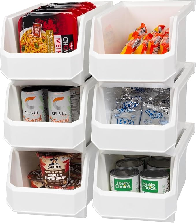 Large Plastic Containers for Organizing and Storage Bins for Closet, Kitchen, Office, or Pantry Organization, 14.75" x 8" x 7", 6-Pack, White, Large