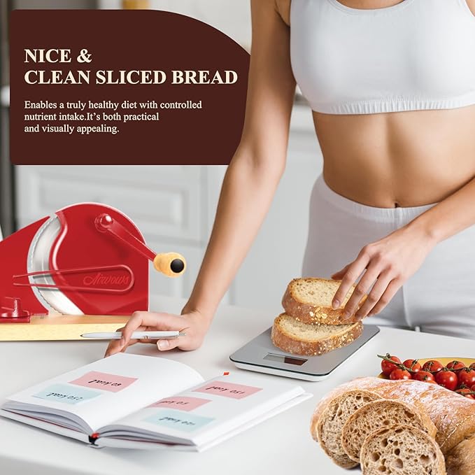 Manual Bread Slicer for Homemade Bread,Even Slicing Thickness-Adjustable Slices,Sourdough Slicer with Scale Lines&SuperStrong SuctionCup Fixation (Red-Guide)