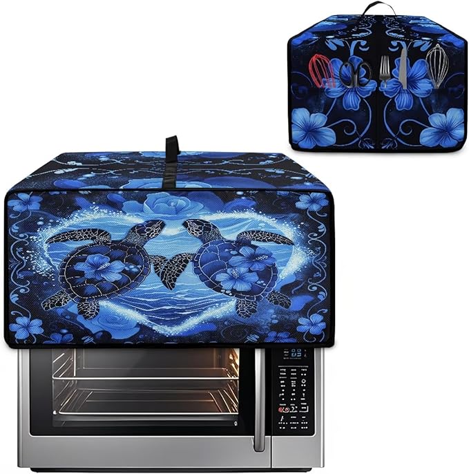 Convection Oven Cover Countertop Appliance Covers Stain-resistant Microwave Oven Protector for Kitchen Home Decor, L, Sea Turtle Love Hibiscus Flower Dark Blue