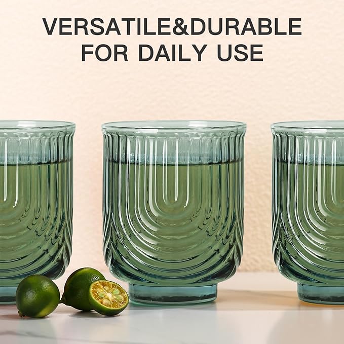 JOVGANK Green Vintage Glassware Set of 6-14Oz Green Water Drinking Glass, Art Deco Ripple Highball Glass, Whiskey Cocktail Glasses, for Bar Ice Coffee Juice, Housewarming Gifts and Mother's Day Gift