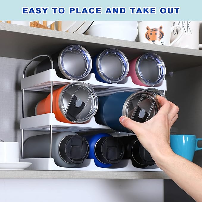 LANDNEOO Stackable Water Bottle Organizer Holder - for Stanley & Others' Large Tumbler Organization - White Plastic Wine Rack, Bottle Holder for Home Countertop Fridge Pantry Shelf, 3 Tier Hold 9