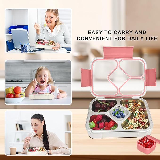 QIBONGS-Stainless Steel Tray Bento Lunch Box with Sauce Cup Drop-Proof, Leak-Proof 4 Compartments Container for Work, Travel, Dishwasher Safe, Made with Food-Safe Materials (Pink)