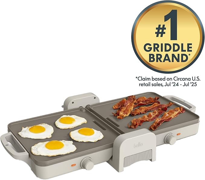 Bella 10"x 20" Ceramic Fold-n-Store Dual Temp Griddle, Fits-anywhere Kitchenware, EverGood Ceramic Nonstick Coating, 2 Temperature Zones up to 400°F, Dishwasher Safe Drip Tray, 1500 Watt, Oatmilk
