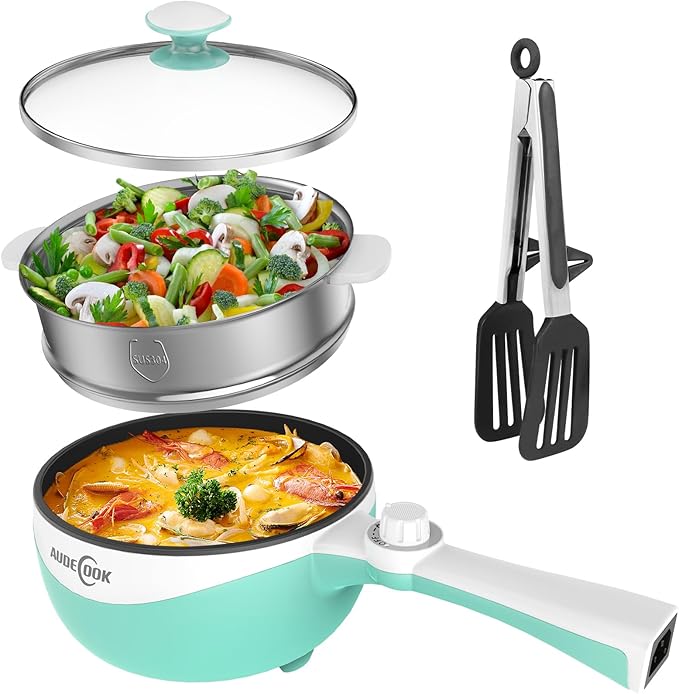 Audecook Hot Pot Electric, 1.7L Mini Electric Skillet Portable Nonstick Sauté Pan with Power Adjustment, Ramen Cooker Travel Multicooker for Steak/Soup/Egg/Oatmeal/Noodles