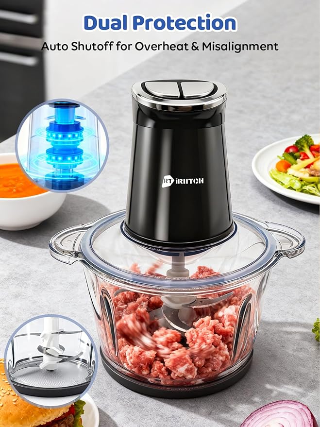 IRIITCH Food Processor with LED Timer, 800W Electric Chopper with 2 Bowls, Stainless Steel and Black, 2 Bi-Level Blades, Meat Grinder for Nuts, Onion, Garlic, Baby Food