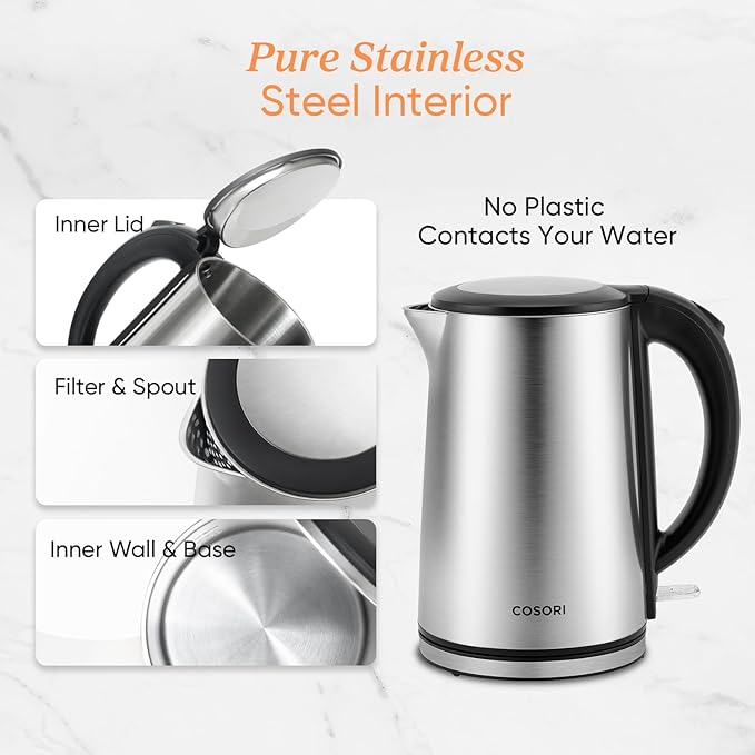 Cosori Electric Kettle, No Plastic Inner Lid, Filter & Spout, Stainless Steel Tea Kettle, Automatic Shut Off & Boil-Dry Protection, Durable Tea Kettle Boiler & Heater, 1.5L/1500W, Silver