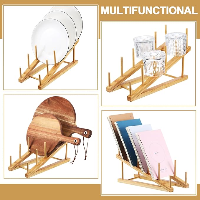 Suclain 10 Pcs Wooden Bamboo Dish Drying Rack Kitchen Cabinet Organizer for Cabinet Cutting Board Display Stand for Dish Plate Bowl Water Bottles Cup Pot Lid Cutting Board