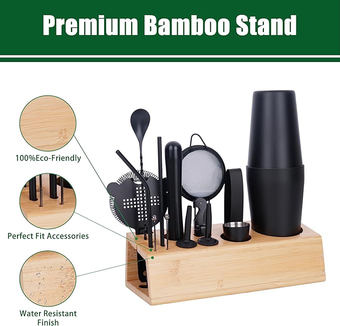 Cocktail Shaker Set Bartender Kit with Bamboo Stand, 15-Piece Stainless Steel Bar Set Accessories, Professional Bartending Kit Home Bar Tools Set with Recipes (Matte Black, Natural Wood Stand)