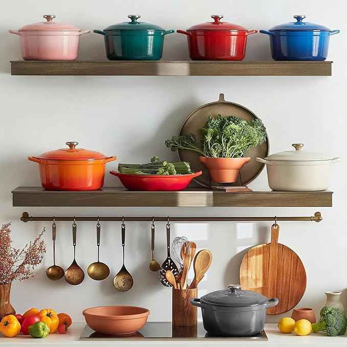 Overmont Enameled Cast Iron Dutch Oven - 5.5QT Pot with Lid Cookbook & Cotton Potholders - Heavy-Duty Cookware for Braising, Stews, Roasting, Bread Baking Bottle green