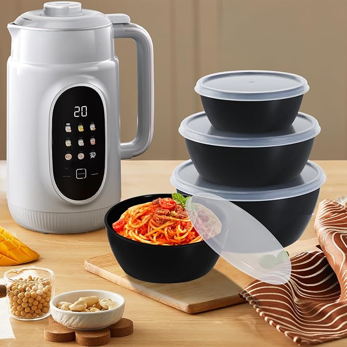 4-Piece Classic Plastic Prep Bowls with Lids, Nesting Plastic Small Mixing Bowl Set for Mixing, Baking, Prepping, Cooking and Serving Food, Microwave and Dishwasher Safe (Black)