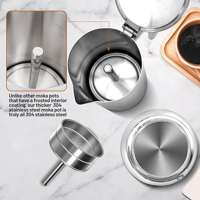 No Coating 2 Cup Thickened 304 Stainless Steel Moka Pot Stovetop Espresso Maker Italian Coffee Machine 100ml 3.3oz Suitable for Gas Induction Stovetop Greca Coffee Maker Percolator