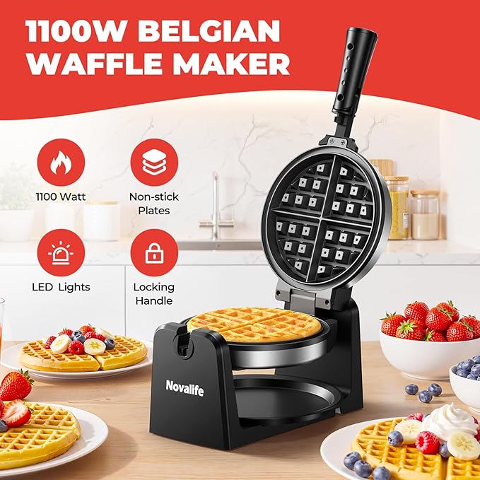 Waffle Maker, Rotating Belgian Waffle Maker, 180° Flip Waffle Iron, Non-Stick Plate, Adjustable Browning Control, Foldable Cool Touch Handle, Removable Drip Tray, Space Saving Storage, Stainless Steel