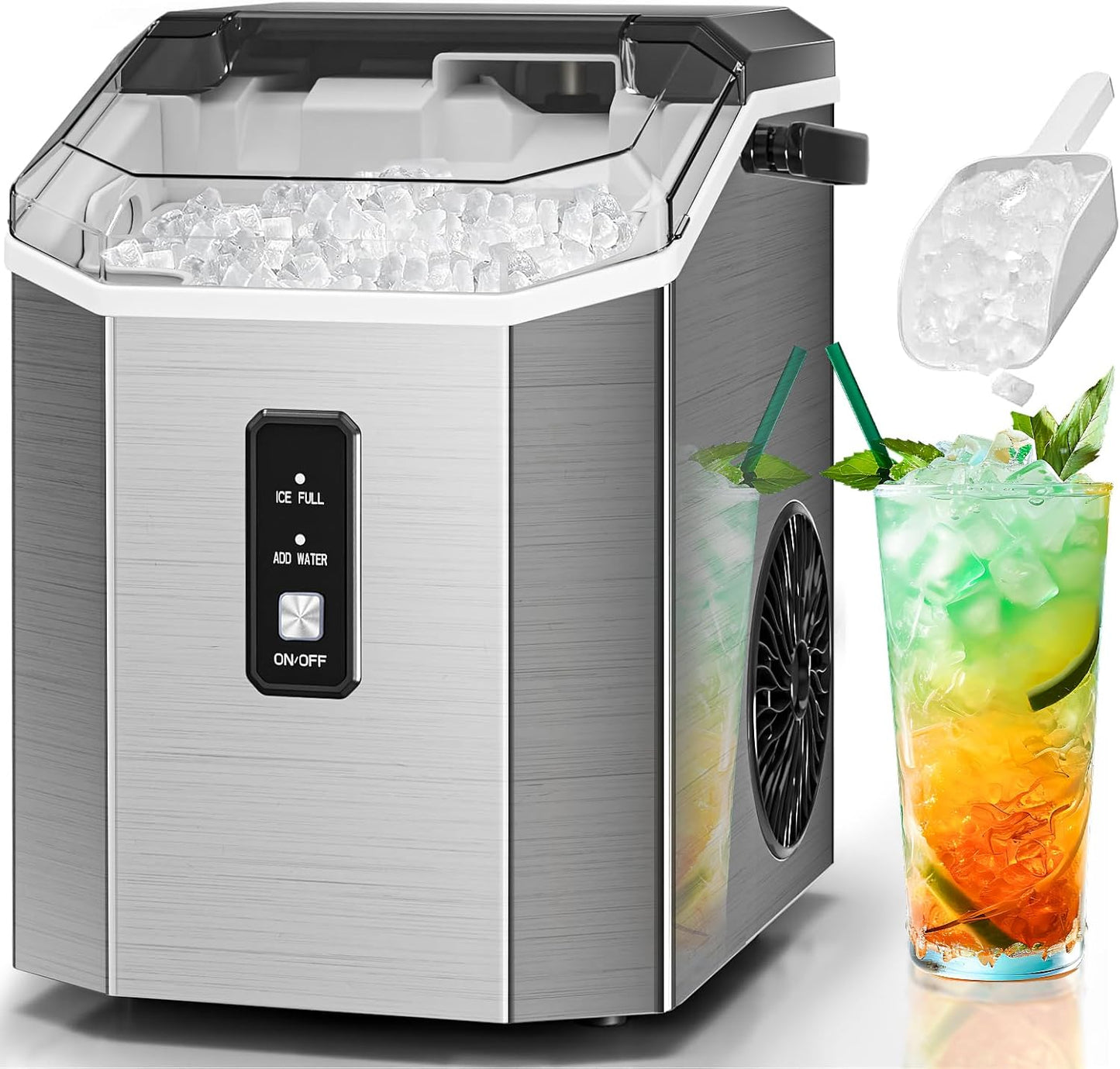 Nugget Ice Makers Countertop, Portable Ice Maker Machine with Self-Cleaning, 35lbs/24Hrs, Crushed Ice Maker with Handle/Basket/Scoop for Home, Kitchen, Office and Camping(Stainless Steel Silver)