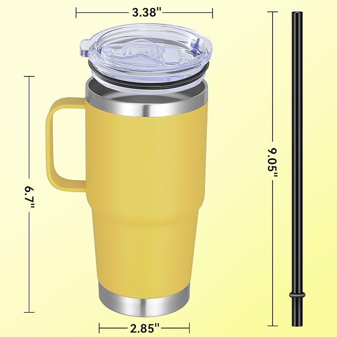 20 oz Stainless Steel Tumbler with Handle Metal Insulated Coffee Travel Mug with Handle Double Wall Tumbler Cup with Lid and Straw, Yellow 1 Pack