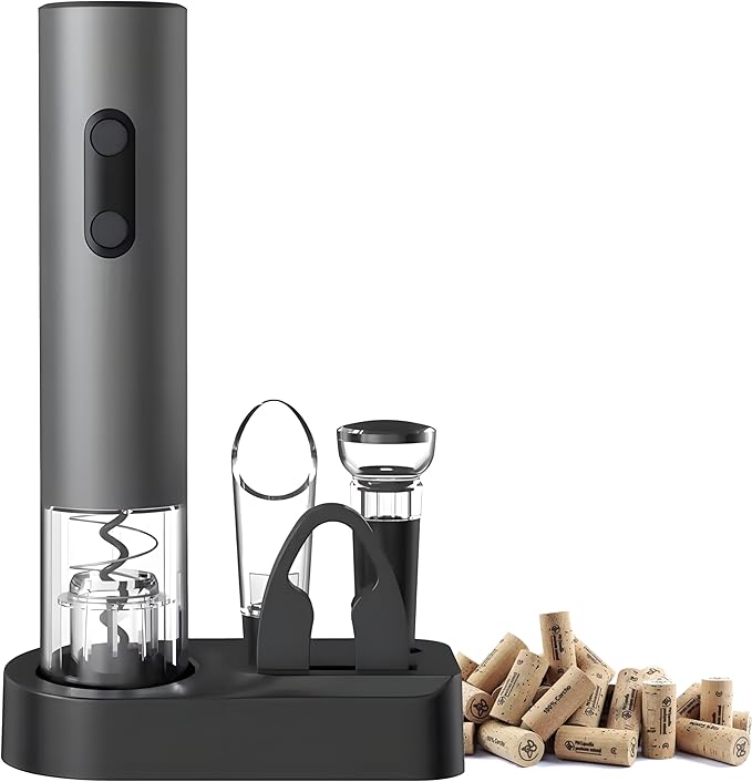 BLIVORRA-Electric Wine Opener Set – 5-in-1 Battery Operated Corkscrew with Foil Cutter, Wine Pourer, Stopper & Storage Stand – Great Gift for Wine Lovers (Matte Black)
