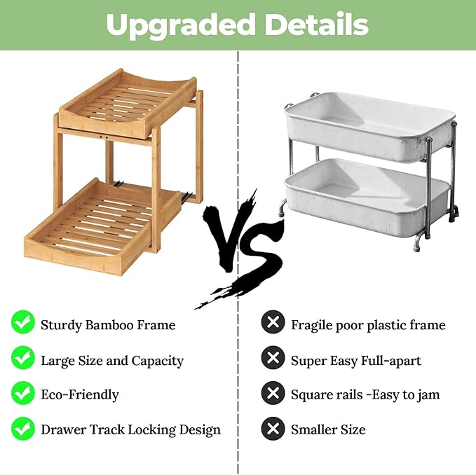 MHXW SXPN Bamboo Under Sink Organizer and Storage, Pull Out Cabinet Organization, 2 Tier Vertical Slide Out Undersink Storage Shelf, Organizer Shelves for Kitchen Bathroom Medicine (Natural, 2 Pack)