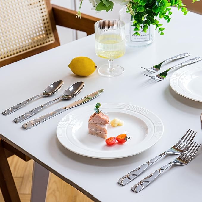 HIKAA 60PCS Stainless Steel Silverware Set, Modern Flatware Set for Kitchen, Mirror Polished Cutlery Set with Forks, Spoons and Knives，Dishwasher Safe