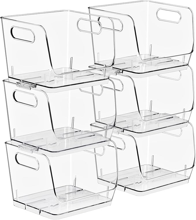 Sorbus Stackable Storage Bins Open Front, Clear Stackable Storage Bins, Pantry Bins for Storage and Organization, Acrylic Stackable Bins for Kitchen, Clear Pantry Organizer Bins (Small Square 6 Pack)