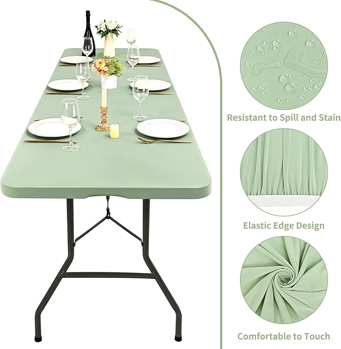 10 Pack Fitted Tablecloth for 8 Foot Rectangle Tables, Sage Green Elastic Outdoor Picnic Table Cover, Washable Stretch Folding Table Cloths 8 ft for Camping Party Patio Kitchen Banquet, 30" W x 96" L