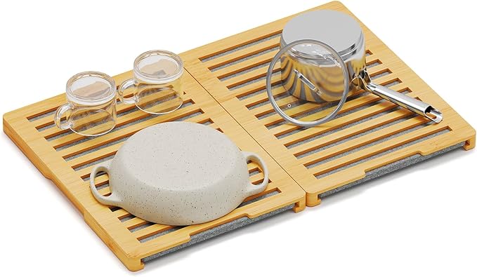 SpaceAid Foldable Stone Drying Mat for Kitchen Counter, Bamboo Rack Dish Pad, Instant Dry Diatomaceous Earth Mat Dishes, Stone Dish Fast Drying Mat Board (23.6 x 15.8 inch, Gray)