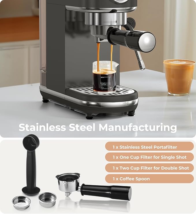 atatix 20 Bar Espresso Machine with Milk Frother, Compact Espresso Maker, Stainless Steel Coffee Machine with Precise Temp Control & 44oz Removable Water Tank for Latte, Cappuccino, Dark Grey