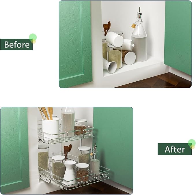 LOVMOR 2 Tier Individual Pull Out Cabinet Organizer 10½" W x 21½" D, Slide Out Kitchen Cabinet Storage Sliding Shelves