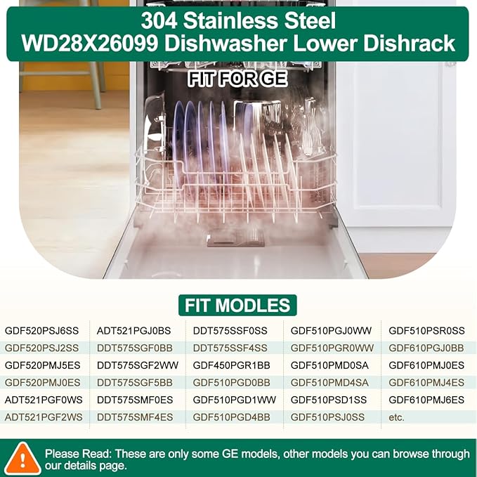 UPGRADED 304 Stainless Steel WD28X26099 WD28X24396 Dishwasher Lower Rack Replacement Compatible with GE Dishwasher Rack Parts With WD28X27241 Wheel & WD28X10128 Universal Dishwasher Silverware Basket