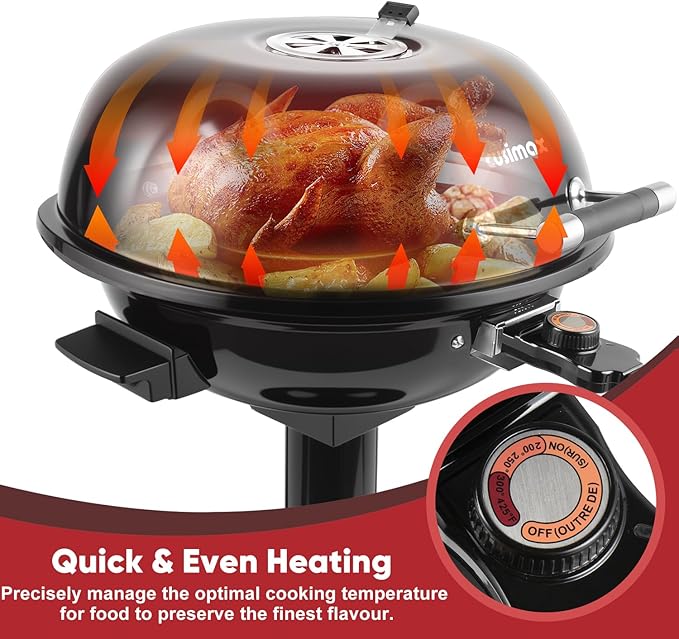 Electric Grill, CUSIMAX Electric Indoor/Outdoor Grill, 1600W Portable BBQ with Lid for Indoor & Outdoor Use, Adjustable Heat, Removable Stand Grill for Cookouts, BBQ Gatherings, Small Spaces