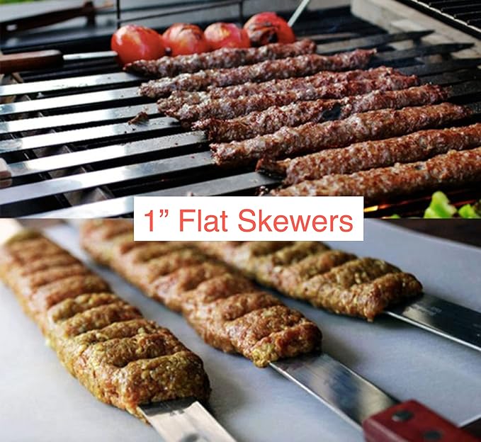 Stainless Steel Barbecue Skewers BBQ Outdoor Grill Skewer stick Barbecue Fork with Solid Wood Handle for Grilling Shish Kebob Koubideh Persian Brazilian Kebab 1" Wide + 1 Free Skewer (24pcs)