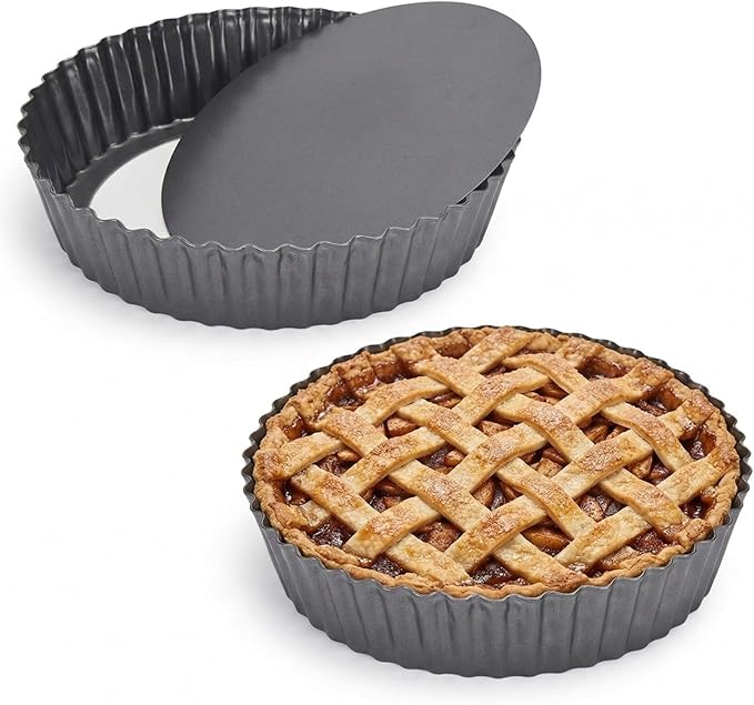 2 Pack 9.4 × 2 Inches Nonstick Tart Pan with removable bottom, Quiche Pans for Baking, Carbon Steel Deep-dish Pie Pan with Removable Loose Bottom