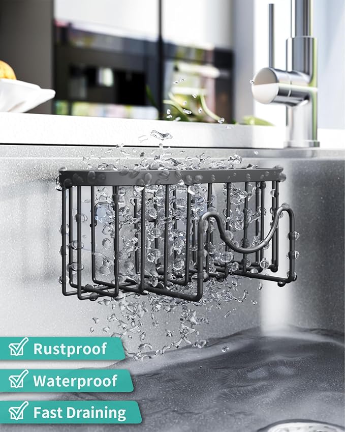 HapiRm Kitchen Sponge Holder for Sink - 2 Installation Methods Kitchen Sink Caddy Organizer with Unique M-Shaped, Rustproof Stainless Steel Sponge Caddy - Black（Large）