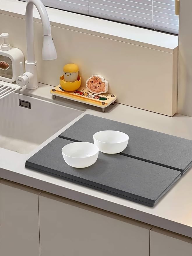 Stone Dish Drying Mat, Large Absorbent Diatomaceous Earth Drying Mat for Kitchen Counter, Foldable Fast Drying Non-Slip Bath Mat, Protects Countertops from Water & Stains (Grey)